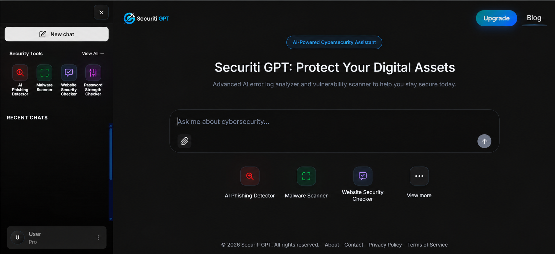 SecuritiGPT AI cybersecurity assistant home screen