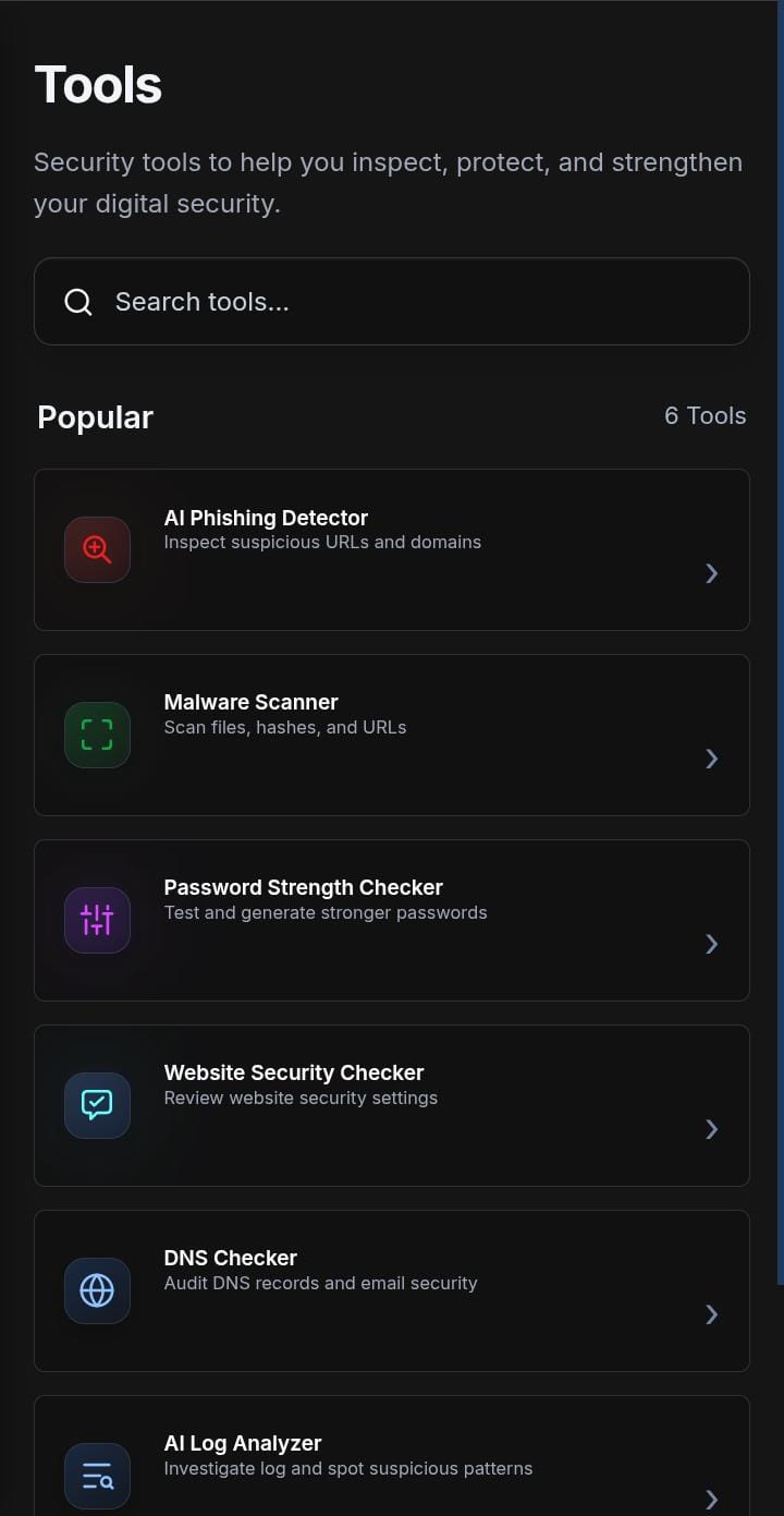 SecuritiGPT mobile tools list preview